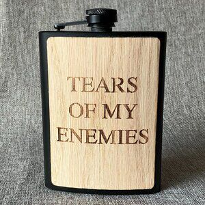 Tears Of My Enemy Black Flask with Wood Facade 8oz. Stainless Steel, EUC